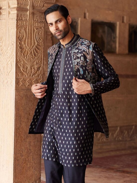 Anita Dongre Other - Anita Dongre Men's Saamir Printed Nehru Jacket & Kurta - Black